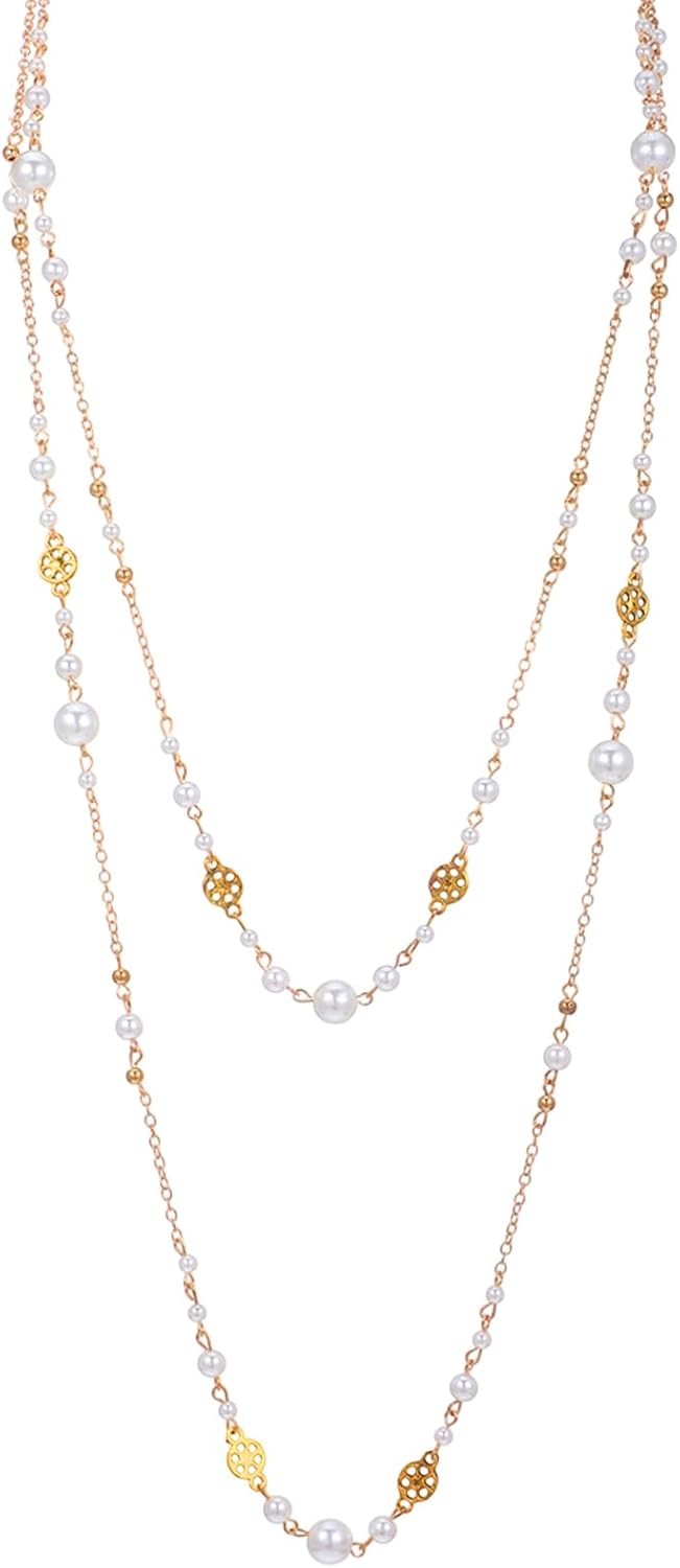 Long Gold Pearl Necklaces for Women, Trendy Dainty Layered Pearl Necklace Statement Strand Chain Fashion Jewelry Gift Sweater Accessories