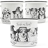Hund „Trick of treat“ Halloween Australian Shepherd – Keramiktasse, Emaille - Optik| lustige Tasse für Erwachsene, Kinder und Jugendliche