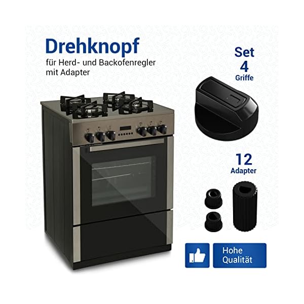 VIOKS SET 4x Drehknopf Herd Schwarz Schalter Herd Universal mit Adaptern 16teilig - Knöpfe & Schalter für Backöfen & Herde/Elektroherd Ersatzteile – Bild 3