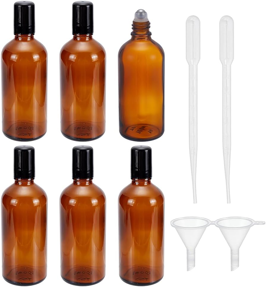 INFUNLY 6 Pack 100ml Amber Glass Roller Bottles Refillable Large Essential Oil Rollerball Vials with Black Caps Empty Perfume Massage Oil Containers with Droppers & Funnels for Aromatherapy DIY Blends