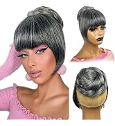 VAVANGA Gray Bun & Bangs Set 2PCS - Salt and Pepper Grey Clip in French Bangs with Twist Braided ...