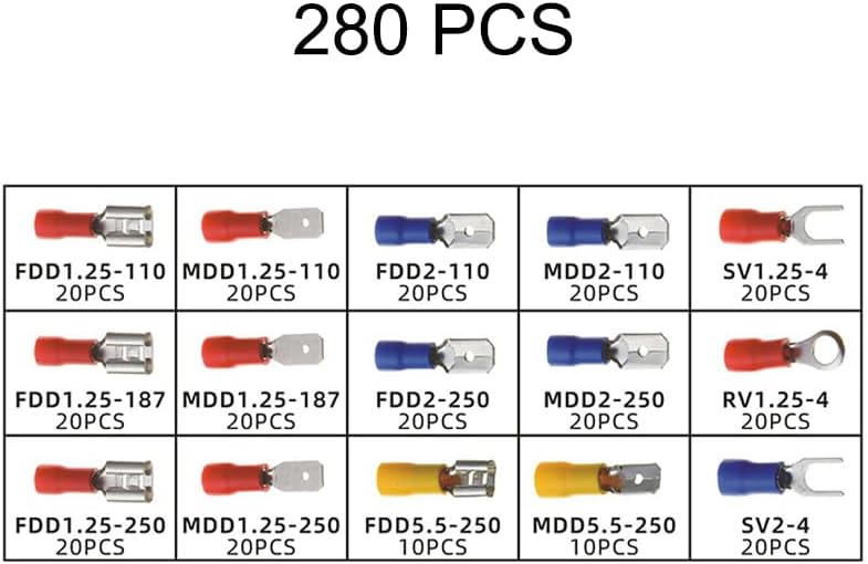 280pcs Assorted Spade Terminals Insulated Cable Connector Electrical Wire Crimp Butt Ring Fork Set Ring Lugs Rolled Kit