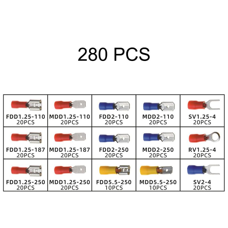 280pcs Assorted Spade Terminals Insulated Cable Connector Electrical Wire Crimp Butt Ring Fork Set Ring Lugs Rolled Kit VUQLDHAYZ