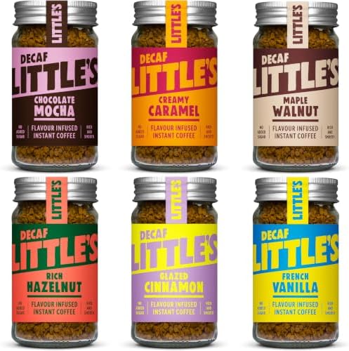 Little's Flavoured Decaf Bundle Instant Coffee, 6 Pack (50g x 6) - Decaffeinated Coffee, Flavours: Vanilla, Choc Mocha, Hazelnut, Caramel, Walnut, Cinnamon - Vegan, Low Calories, No Added Sugar
