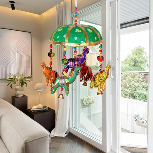 Image of Rajasthani Multicolor Elephants Jhoomer with Bell - Decorative Wind Chimes for Door & Wall Hanging, Ideal Home Decor & Gift Showpiece (Green)