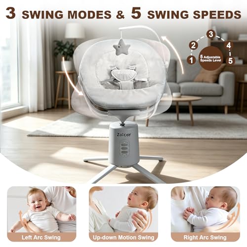 Image of Zoicay Baby Swing,Baby Swings for Infants with 3 Modes & 5 Speeds, BT Enabled App & Remote Control, Electric Swing - 6 Melodies and 3 Timer Setting, 2 Seat Positions and 5-Point Harness Swing (Gray)