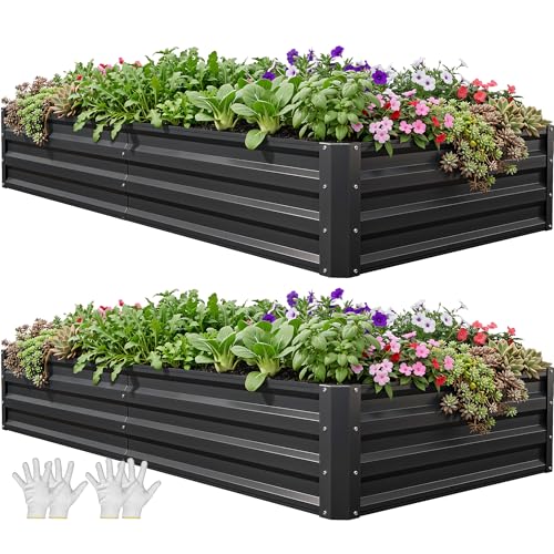 YITAHOME 6x3x1ft 2pcs Large Raised Garden Bed Kit, Galvanized Metal Planter Box with Gloves, Ground Nails, Support Rod, Outdoor Above Ground Planters for Plants Vegetables Flowers, Black