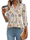 IECCP 3/4 Length Sleeve Womens Tops Dressy Casual Blouses Trendy Business V-Neck Pleated T-Shirts Loose Fit Tunics Blouses Petite Tops (Geometry Pattern,S)