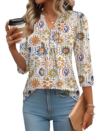 IECCP Tops for Women Trendy 3/4 Puff Sleeve Shirts 2026 Spring Summer Fashion Cute Tops Dressy Casual Work Blouses Loose Fit (Geometry Pattern,M)