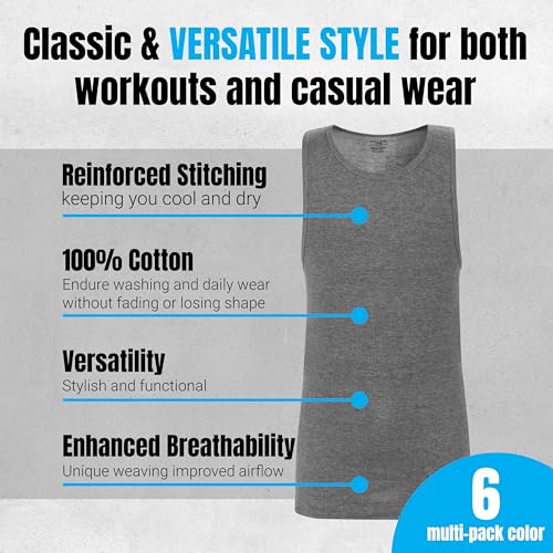 Men’s Tank Tops 6 Pack–100% Cotton Sleeveless Undershirts Multipack - Breathable Black White Gray Muscle Shirts4