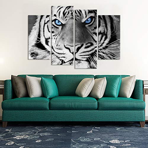 Zlove 4 Panel Animal Canvas Wall Art Black And White Ferocity Tiger With Blue Eyes Wildlife Picture Painting On Canvas Stretched And Framed For Home Office Bedroom Decor Ready To Hang #TOP3