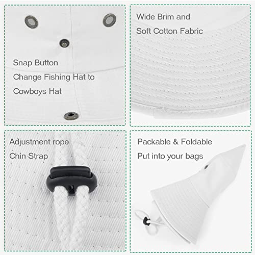 Men Women Bucket Hat Cap Foldable Snapback Outdoor Soft White With Windproof Rope 59Cm (White, 59Cm For Large) #TOP7