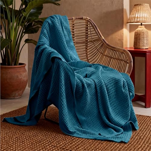 Image of Bedsure 100% Cotton Throw Blanket for Couch 50x70 inches - Cooling Breathable and Soft for Summer, Waffle Weave Throw Blanket for Office, Teal