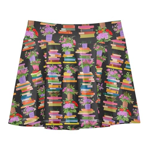 Cute Colorful Books Flowers Girls' Tennis Skorts Athletic Workout Skirts Flowy Cheer Skirt with Shorts Size 7-8