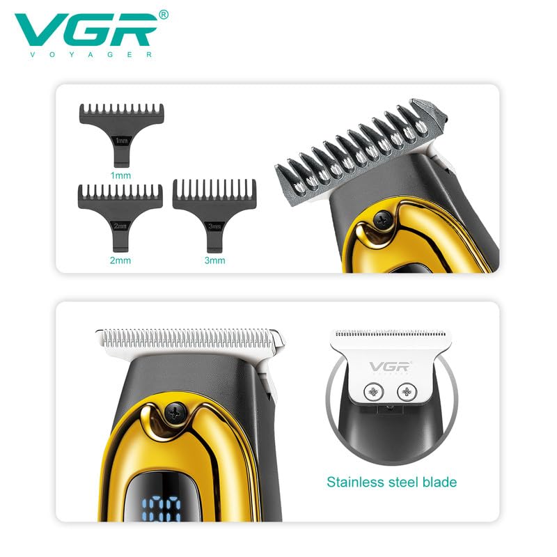 Image of VGR V-981 Professional Digital Display with Turbo function Rechargeable cordless Pro Self Haircut Hair Clipper Beard trimmer Hanging Loop Stainless steel Blades USB Charging cable 3 Guide Comb, Yellow