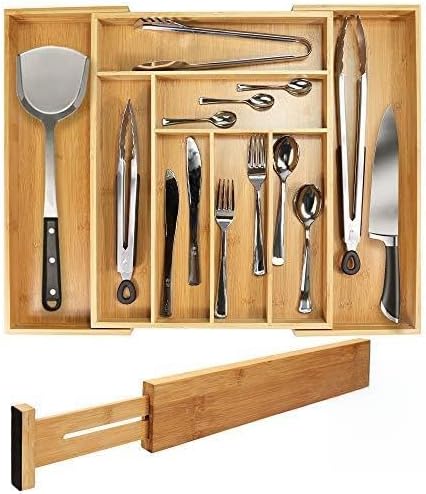Mebbay 5 Set Bamboo Drawer Dividers, Kitchen Drawer Organizer, Adjustable Drawer Divider Organizer, Bamboo Wood Utensil Drawer Organizer for Kitchen, Dresser, Bedroom, Bathroom, with Non-Slip Pads