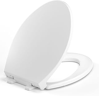 Elongated Toilet Seat, 18.5” Soft/Slow Close Oval (Oblong) Toilet Seat for Elongated Toilets, No-Slam Quiet-Close Lid, Easy-to-Install & Clean, Durable Never-Loosen White Plastic Seat