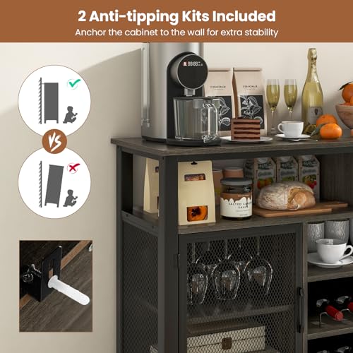 COSTWAY Kitchen Buffet Sideboard, 2-Door Wine Storage Cabinet with Wine Racks, Glass Holders & Shelves, Wooden Server for Dining Room (Grey & Black) - Image 6