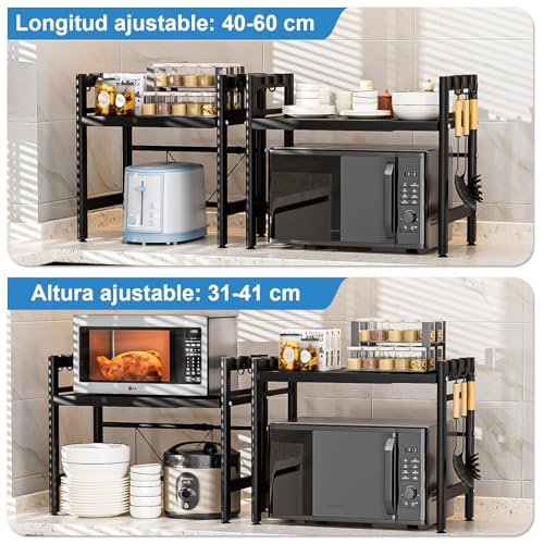 Vankarr Soporte para Microondas y Horno Cocina con 6 Ganchos, Estanteria para Microondas Encimera, Mueble Extensible Microondas Cocina - imagen 4