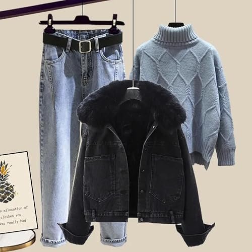 GaoLeAve Jaqueta jeans feminina quente de inverno e blusa de tricô + calça, conjunto de três peças,