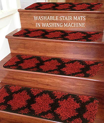 Soft Shaggy Carpet Stair Treads NON-SLIP MACHINE WASHABLE Mats/Rugs, Taber 22x76cm - 30mm Thickness - London (Red, 13)