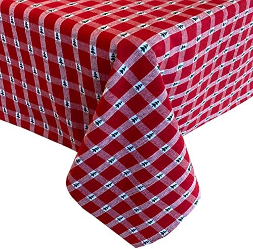 Lintex Little Christmas Trees Plaid Christmas Cotton Fabric Tablecloth - Country Cottage Red and Evergreen Tree Woven Cotton Plaid Easy Care Holiday Tablecloth, 60” x 102” Oblong/Rectangle