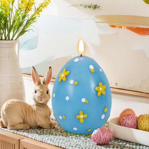 Image of Easter Flameless Candles Battery Operated with 6 Hour Timer Battery Operated Real Wax Color Painted Easter Egg Shaped LED Flickering Candles Dinner Spring Holiday Decor(Blue, 2.4 inchD x 6.3 inchH)