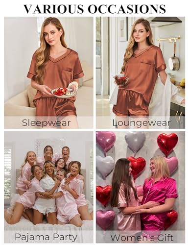 Image of Silk Pajamas for Women Short Sleeve Satin 2 Piece Pj Set Soft V Neck Sleepwear Loungewear, S-XXL