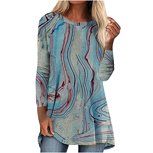 Hatoys Womens Tops Marble Print Pullover Textured O Neck Sweatshirt Asymmetric T-Shirt Loose Fit Longline Sweater for Women