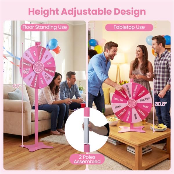 24 Inch Height Adjustable Prize Wheel (Pink) – 2-in-1 Tabletop/Floor Standing Spinning Wheel with Smooth Spin, Write-Wipe Surface, Carnival Game Wheel