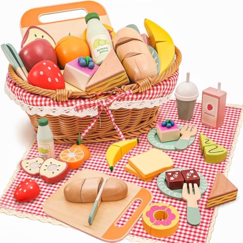 HAPGFS Wooden Picnic Basket Toy Set with Realistic Play Food - Kids Pretend Play Kitchen Accessories for Toddlers 3-8 Wood Play Food for Imaginative Tea Party & Outdoor Fun