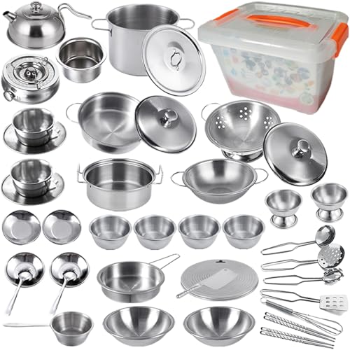 Image of Mini Size Kids Kitchen Pretend Play Toys Accessories with Stainless Steel Cookware Pots and Pans Set,Classic Kitchen Accessories Cooking Utensils Set Tiny Role Play Cooking Play Toy for Kids Toddlers