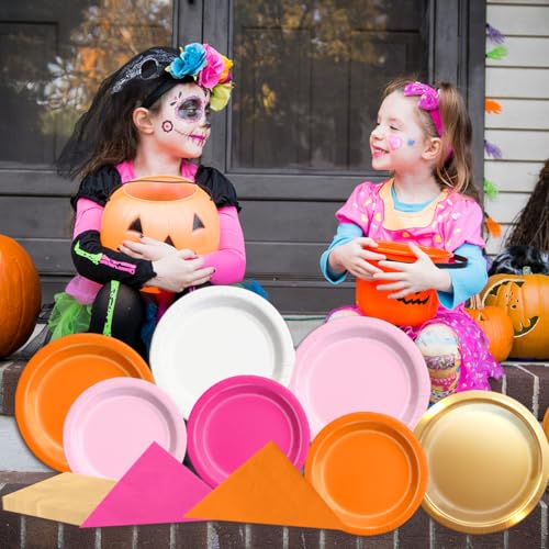 Image of CMUSKO Pink and Orange Party Decorations - 60Pcs Sunset Tropical Plates and Napkins Pink Pumpkin Halloween Tableware for Birthday,Baby Shower, Bachelorette Party (Pack of 2)