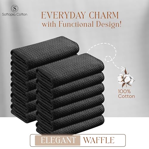 Image of Black Waffle Kitchen Dish Towels, 100% Cotton, Quick Dry, Super Absorbent, Soft, 16x26 Inches - Ideal for Dish Drying, Bar, Hand Wipe, Cleaning, and Everyday Use, 4 Pack