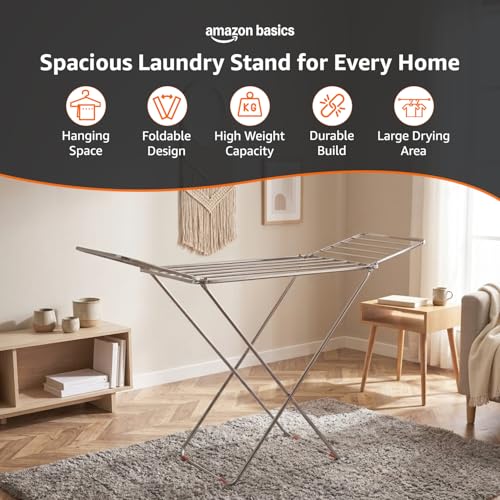 Image of Amazon Basics Heavy Duty Stainless Steel Foldable Cloth Dryer Stand | Strong Build | 3-Way Folding | Anti-Corrosion | PVC Bushes | Easy to Carry | 42 Ft Drying Length | Expandable Wings | 17 Rails | Pack of 1