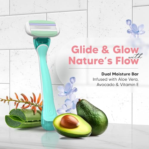 Image of Letsshave Evior 3 Sensitive Shaving Razor Value Set | 1 Handle + 4 Blades | Dual Moisture Bar with AloeVera, Vitamin E, Argan & Avocado Oils | Bikini & Underarm Friendly | Full Body Hair Removal Razor for Women | 6 Months of Worry Free Shaving
