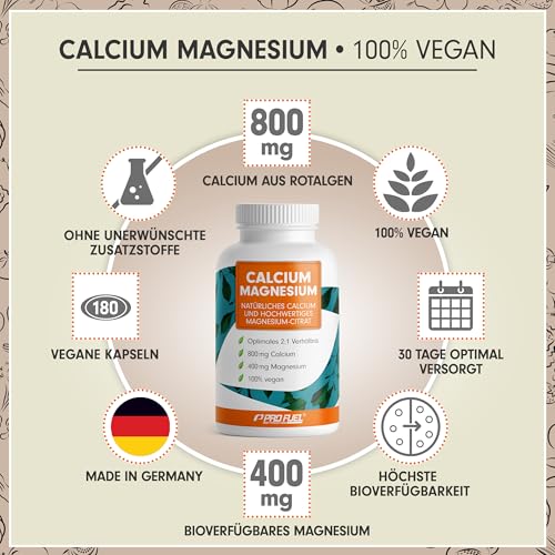 Calcium & Magnesium 180 Kapseln- hochdosiert mit 800 mg Calcium + 400 mg Magnesium pro Tag - hohe Bioverfügbarkeit durch natürliches Calcium aus Rotalgen und Magnesium-Citrat - laborgeprüft & vegan