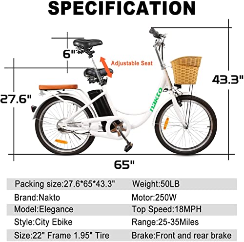 Nakto Electric Bike For Adult Electric Bicycle 250W Ebike 22" City Commuter Ebike Step Thru Ebikes With Basket For Female Male (250W Elegance 22") #TOP4