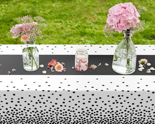 Image of Oudain 3 Pcs Black and White Polka Dot Tablecloth, Minimalist Disposable Plastic Waterproof Tablecloths, Rectangle Table Cover for Birthday Wedding Baby Shower Minimalist Party Decorations, 54 inch x 108 inch