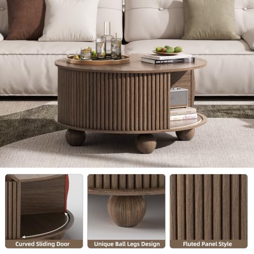 Image of JOINICE 31.5 inch Round Coffee Table with Storage,Unique Bun Feet,Walnut Finish | Mid Century Center Table for Living Room,Hidden Storage,Fluted Sliding Door,Solid Wood Legs,Easy Assembly,Up to 110 lbs
