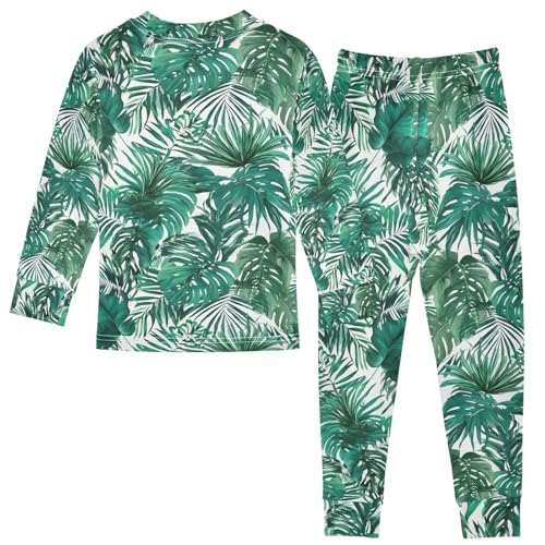 ALAZA Tropical Palm Leaves Watercolor Green Pajamas Long Sleeve Sleepwear 2-Piece Pajama Set2