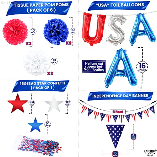 Katchon, 4Th Of July Decorations Set - Huge, Pack Of 52 | Usa Balloons, Pom Poms, Paper Fans, Star Confetti, Flag Garland | Fourth Of July Decorations | Red White And Blue Decorations, Patriotic Decor #TOP3