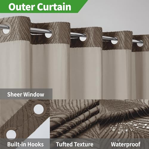 eachope no Hook Shower Curtain and Liner Set，Boho Style with See Through Top Window, Brown Fabric Tufted Striped Textured Outer Curtain & Waterproof Inner Liner, Brown, 71Wx98H by eachope - Image 3