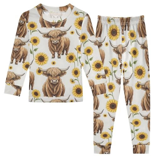Pajama Sets Long Sleeve Highland Cow and Sunflower Autumn Soft Comfy Sleepwear 2 Piece PJS 3-8T