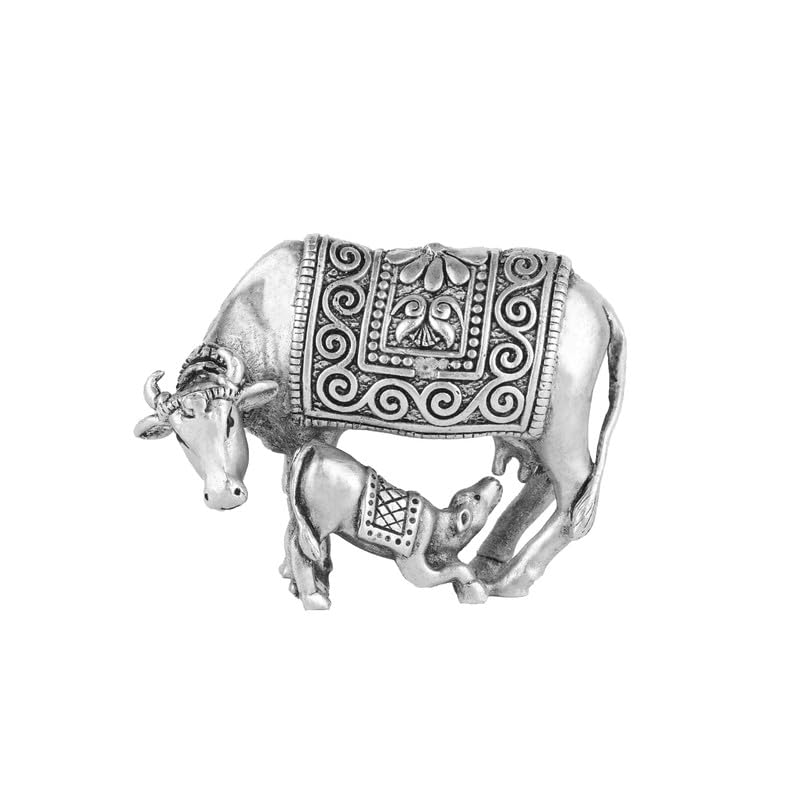 SILVIYA Silver Cow and Calf 3D Idol Set - Pure Silver Kamadhenu for Puja - Home - Diwali Gift - with Certificate of Authen...