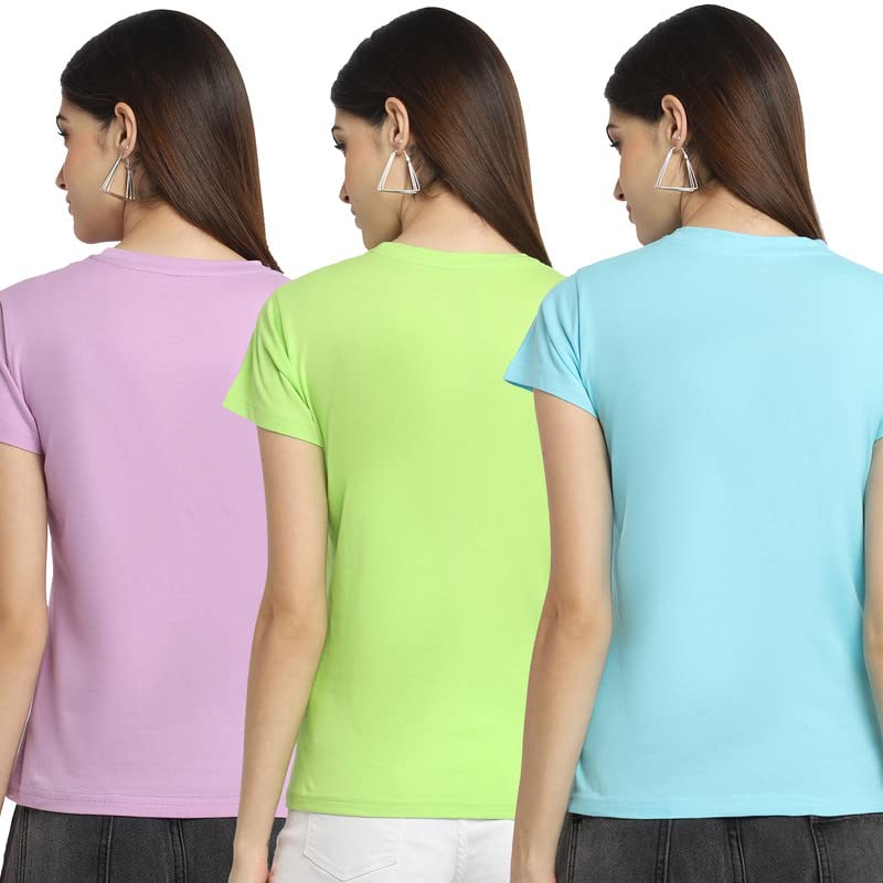 Image of Preneum Women's Cotton Regular Fit Graphic Stylish Printed Short Sleeves Casual T-Shirt || Trendy (Pack 3), Purple & Green & Blue, 2XL