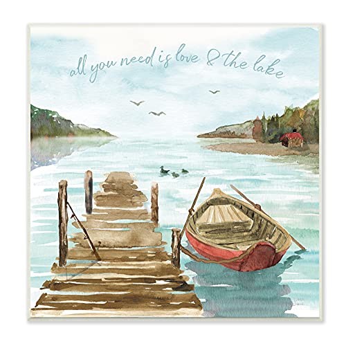 Stupell Industries Love and The Lake Sentiment Boat Dock Landscape, Designed by Dina June Wall Plaque, 12 x 12, Blue