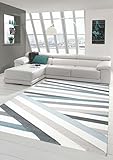 Traum Teppich Designerteppich Moderner Teppich Wohnzimmerteppich Kurzflor Teppich mit Konturenschnitt Gestreift Grau Blau Weiß, Größe 160x230 cm