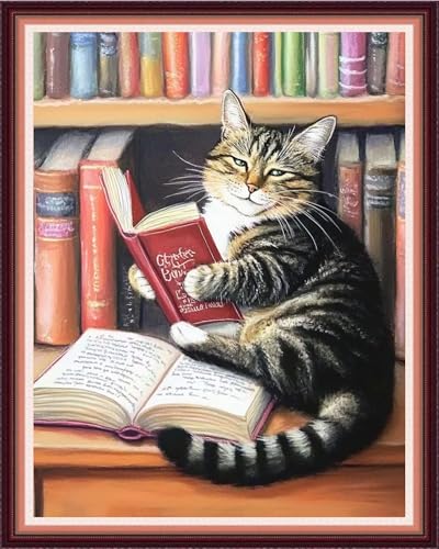 Image of Fanxvivy Stamped Cross Stitch Kits for Beginners Full Range of Cross Stitching Preprinted Embroidery Kits for Adults, 11CT Embroidery Pattern Needlepoint Kits-Cat Reading 16x20 inch