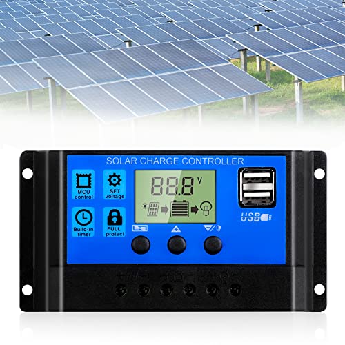 10 A 12 V/24 V Controlador Carga Solar: Controlador de Carga Solar, Transformador de Voltaje Inteligente, Regulador Solar, Cargador Batería con Puerto Dual Usb, Temporizador Luz de 5 V, Pantalla LCD Cover